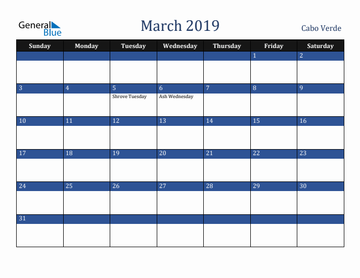 March 2019 Cabo Verde Calendar (Sunday Start)