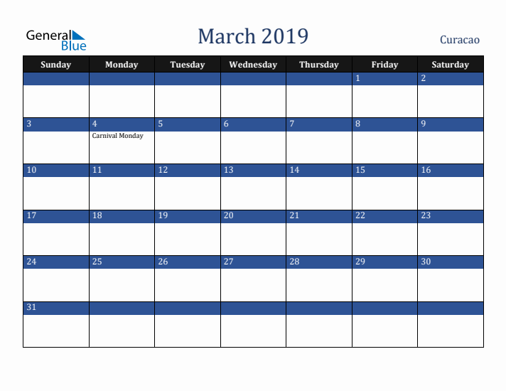 March 2019 Curacao Calendar (Sunday Start)
