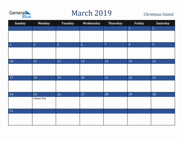 March 2019 Christmas Island Calendar (Sunday Start)