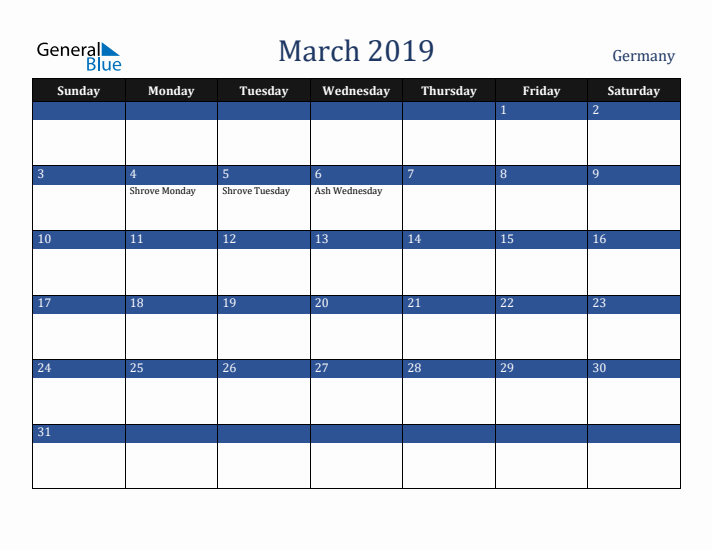 March 2019 Germany Calendar (Sunday Start)