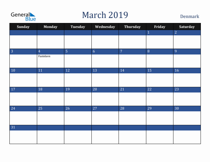 March 2019 Denmark Calendar (Sunday Start)