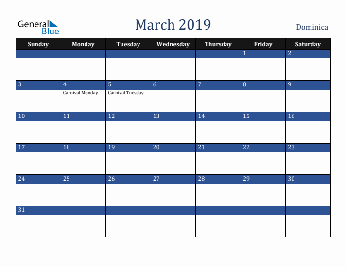 March 2019 Dominica Calendar (Sunday Start)