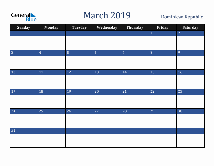 March 2019 Dominican Republic Calendar (Sunday Start)