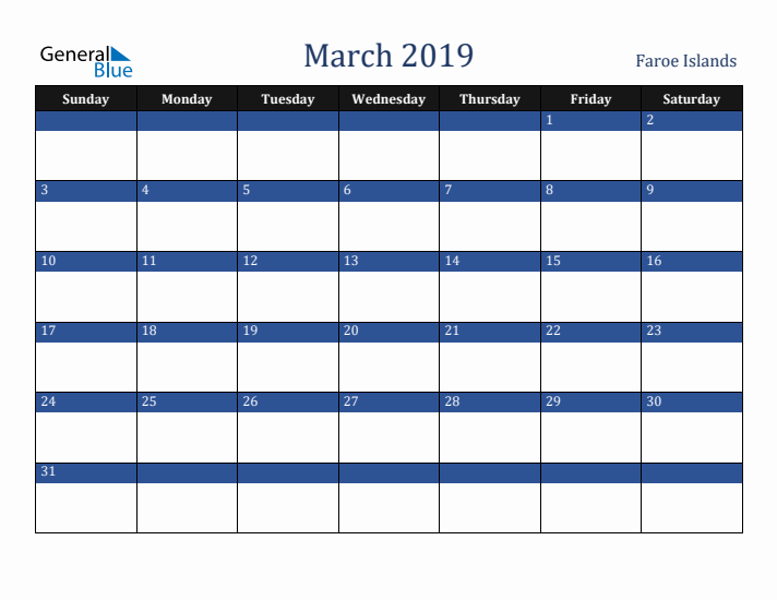 March 2019 Faroe Islands Calendar (Sunday Start)