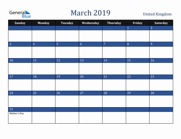 March 2019 United Kingdom Calendar (Sunday Start)