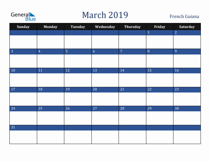 March 2019 French Guiana Calendar (Sunday Start)