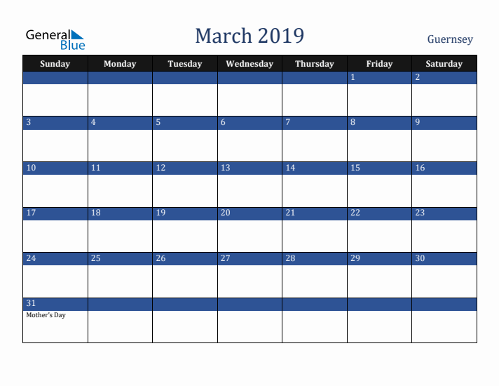 March 2019 Guernsey Calendar (Sunday Start)