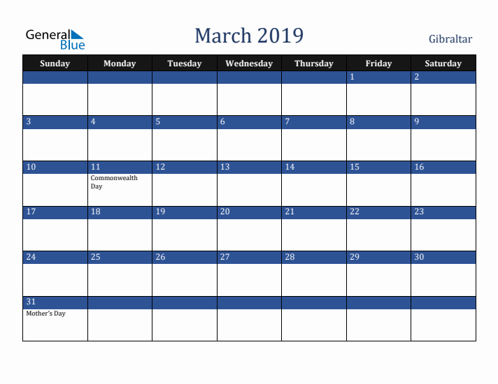 March 2019 Gibraltar Calendar (Sunday Start)