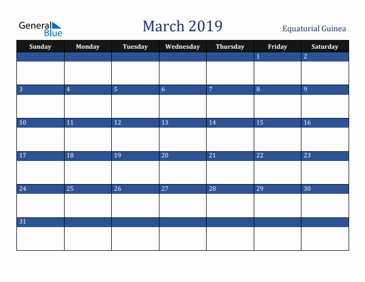 March 2019 Equatorial Guinea Calendar (Sunday Start)