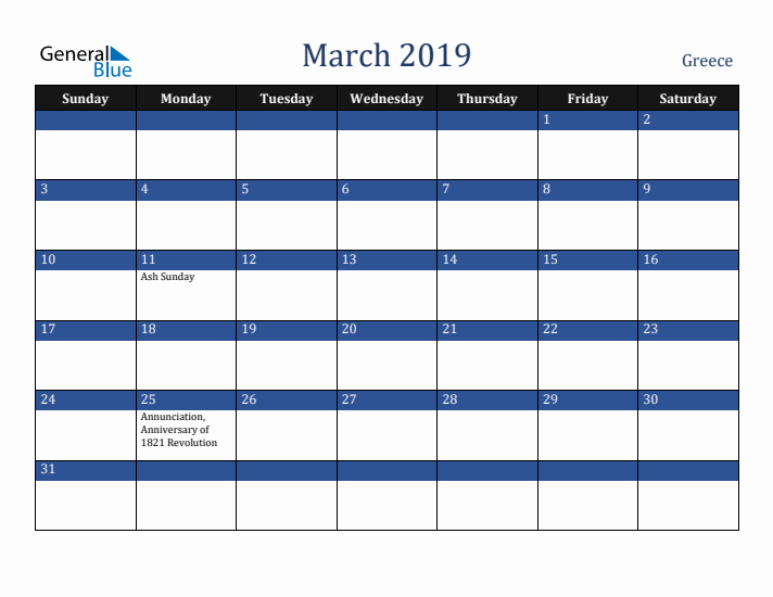 March 2019 Greece Calendar (Sunday Start)