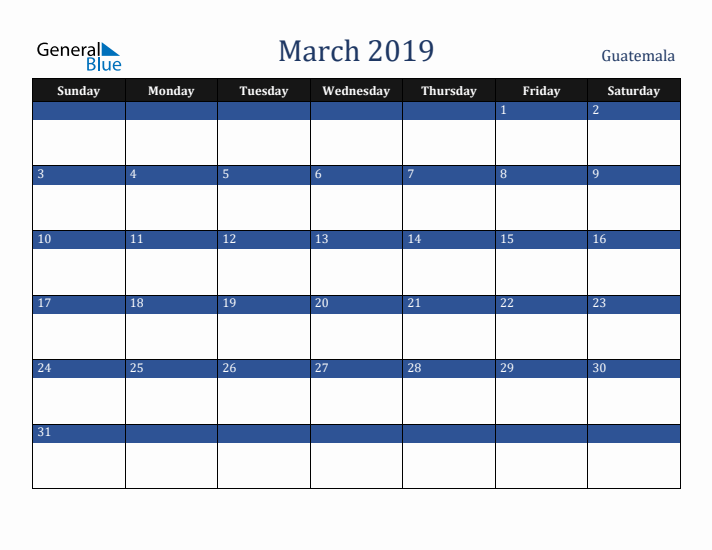 March 2019 Guatemala Calendar (Sunday Start)