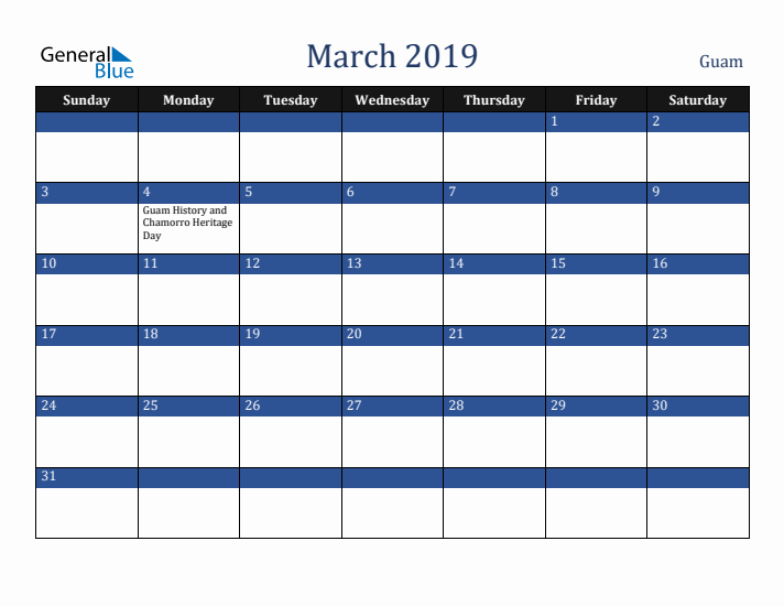 March 2019 Guam Calendar (Sunday Start)
