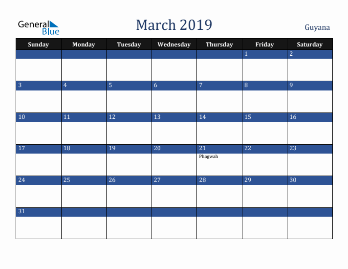 March 2019 Guyana Calendar (Sunday Start)