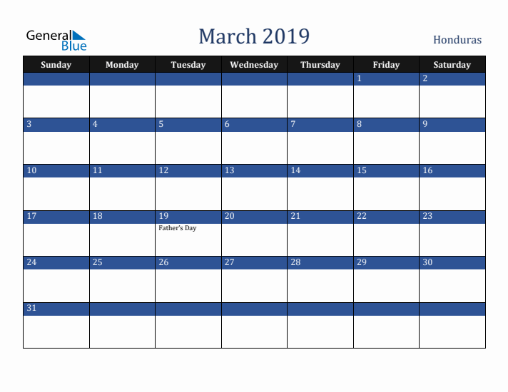 March 2019 Honduras Calendar (Sunday Start)