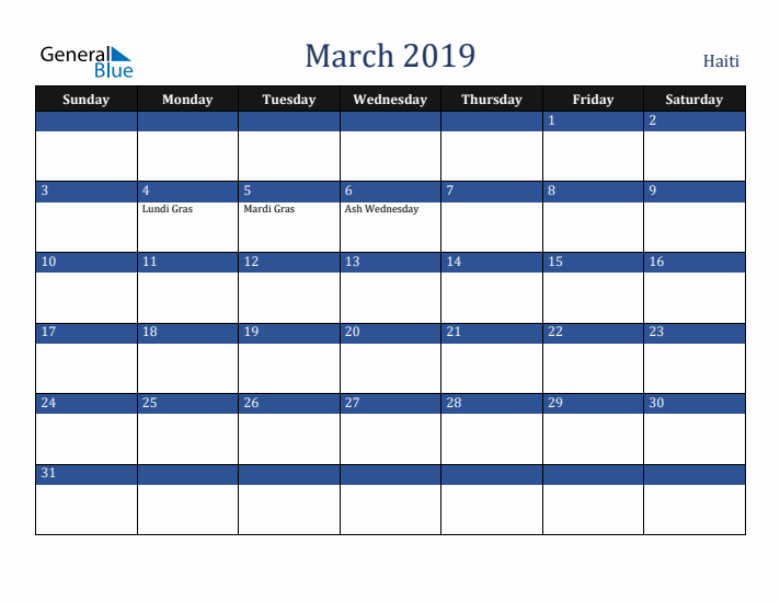 March 2019 Haiti Calendar (Sunday Start)