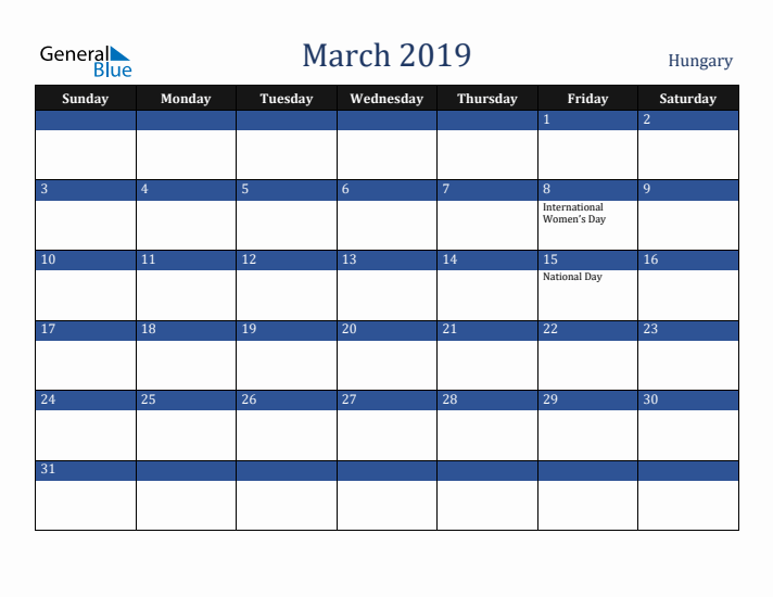 March 2019 Hungary Calendar (Sunday Start)