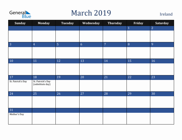 March 2019 Ireland Calendar (Sunday Start)