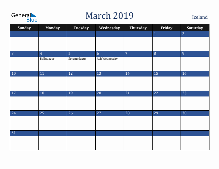 March 2019 Iceland Calendar (Sunday Start)