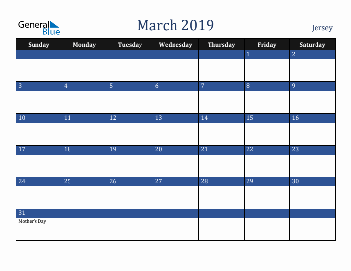 March 2019 Jersey Calendar (Sunday Start)