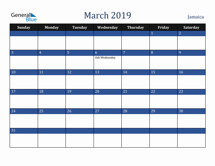 March 2019 Jamaica Calendar (Sunday Start)