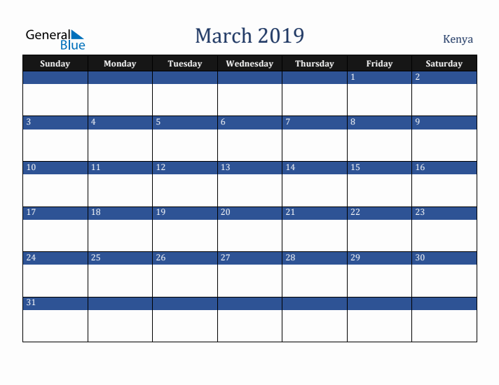 March 2019 Kenya Calendar (Sunday Start)