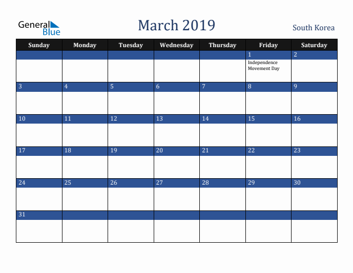 March 2019 South Korea Calendar (Sunday Start)