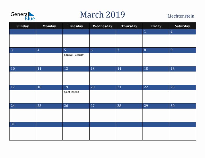 March 2019 Liechtenstein Calendar (Sunday Start)