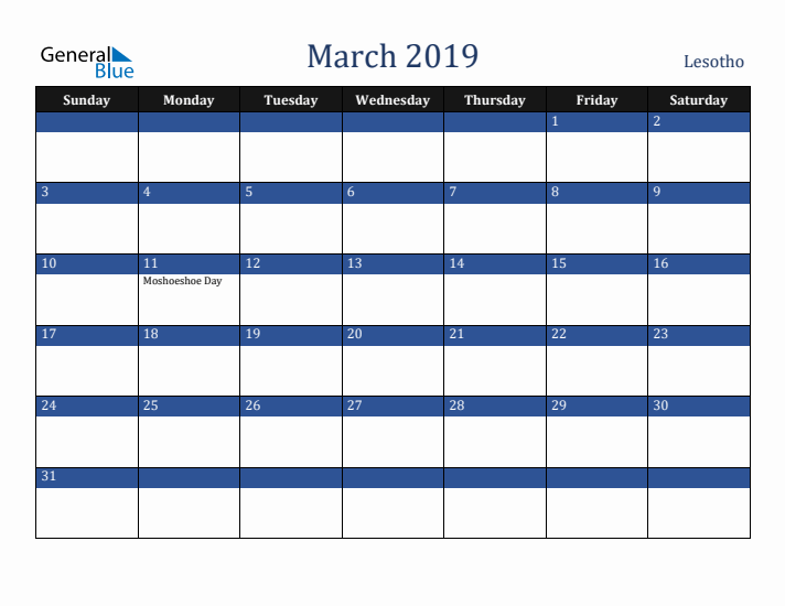 March 2019 Lesotho Calendar (Sunday Start)