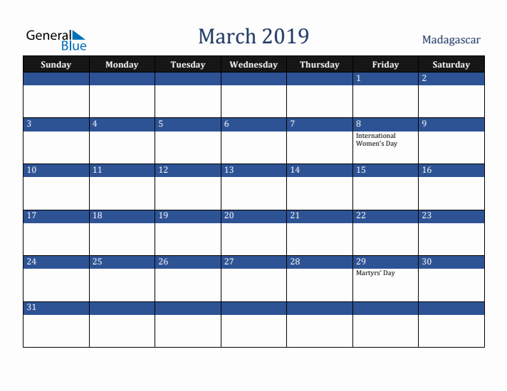 March 2019 Madagascar Calendar (Sunday Start)