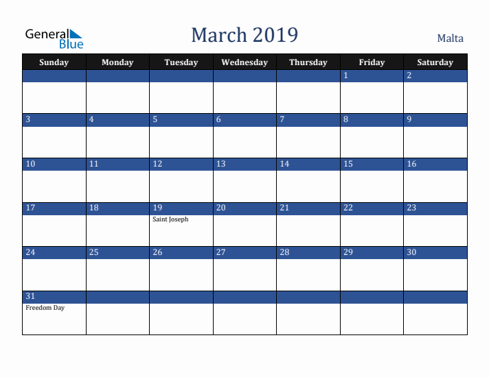March 2019 Malta Calendar (Sunday Start)