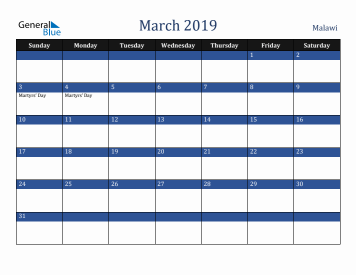 March 2019 Malawi Calendar (Sunday Start)