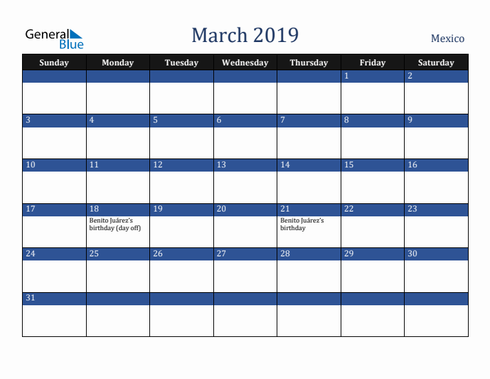 March 2019 Mexico Calendar (Sunday Start)