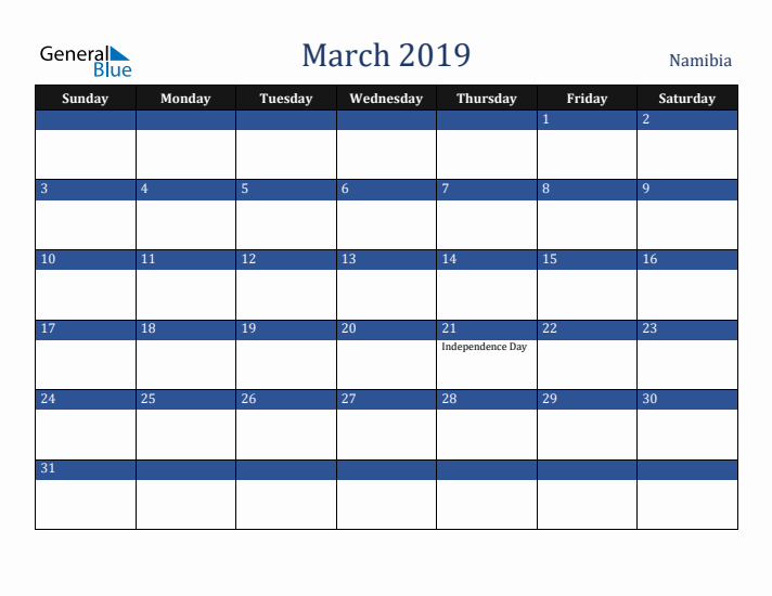 March 2019 Namibia Calendar (Sunday Start)