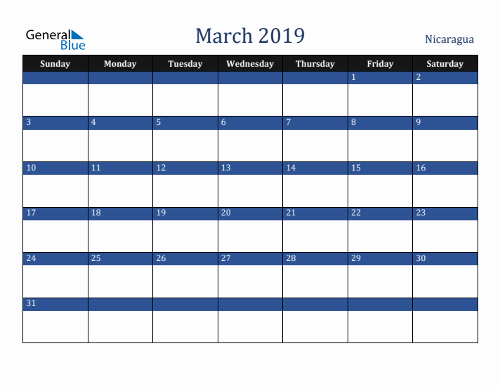 March 2019 Nicaragua Calendar (Sunday Start)