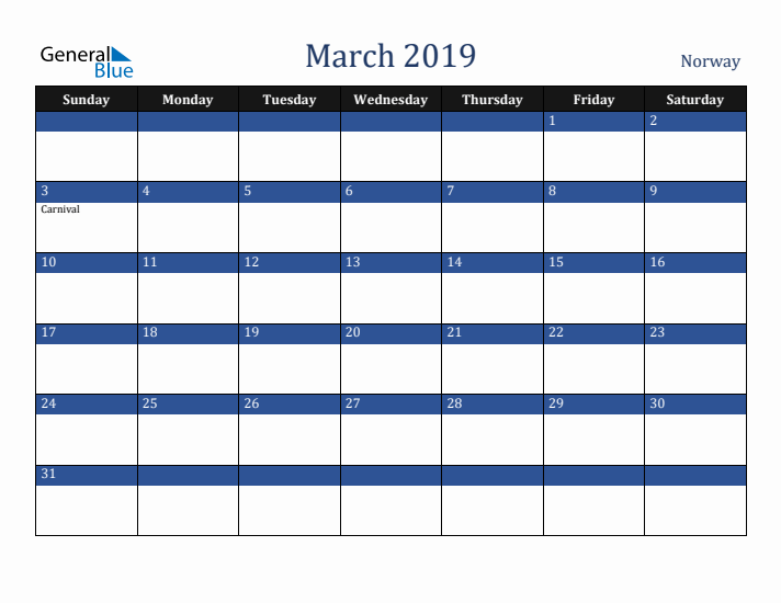 March 2019 Norway Calendar (Sunday Start)