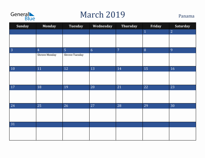 March 2019 Panama Calendar (Sunday Start)