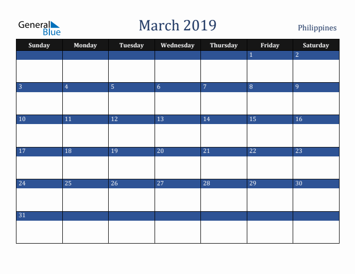 March 2019 Philippines Calendar (Sunday Start)