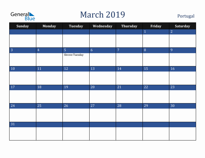 March 2019 Portugal Calendar (Sunday Start)