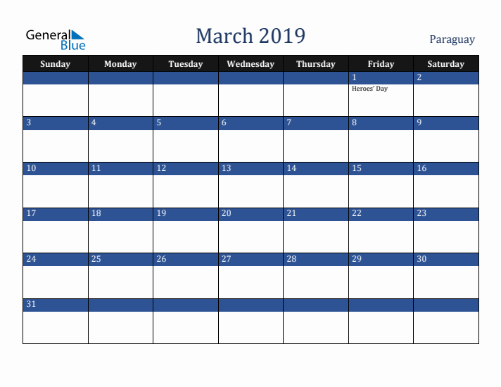 March 2019 Paraguay Calendar (Sunday Start)