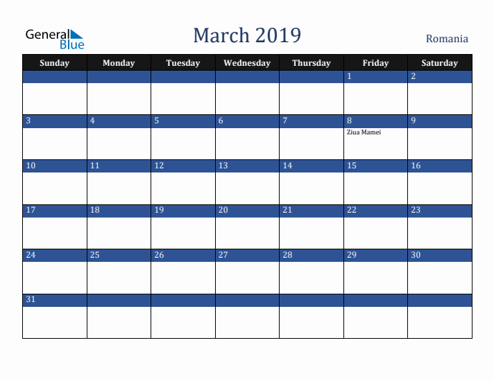 March 2019 Romania Calendar (Sunday Start)