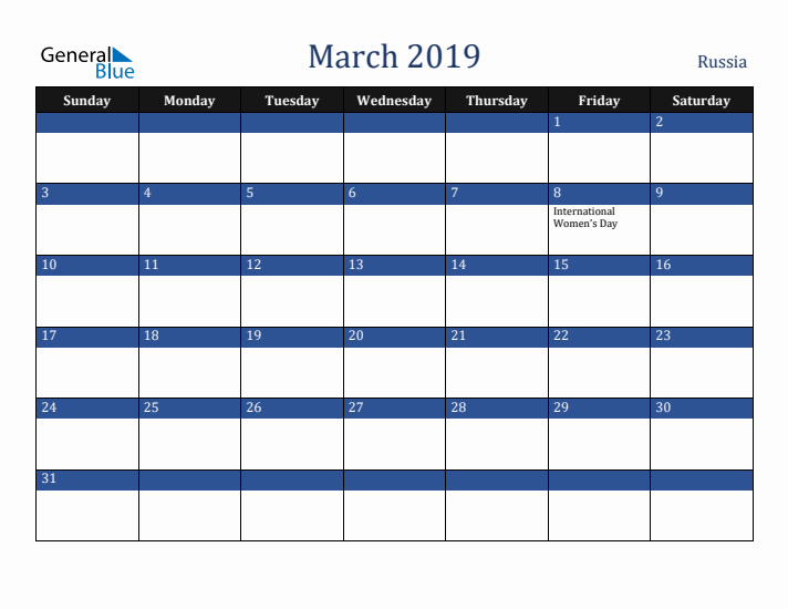 March 2019 Russia Calendar (Sunday Start)