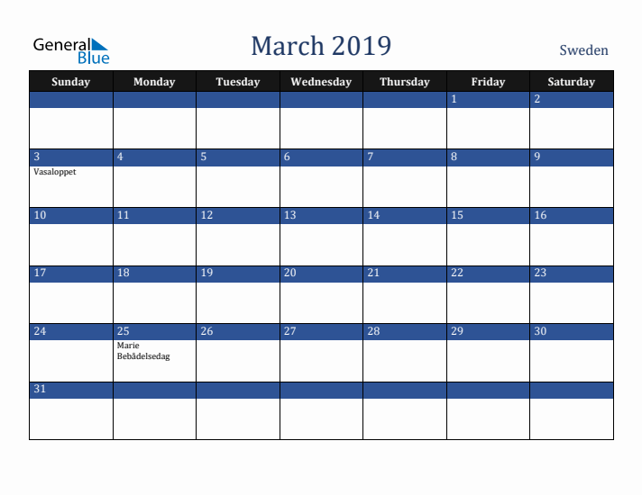 March 2019 Sweden Calendar (Sunday Start)