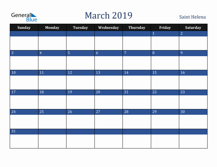 March 2019 Saint Helena Calendar (Sunday Start)