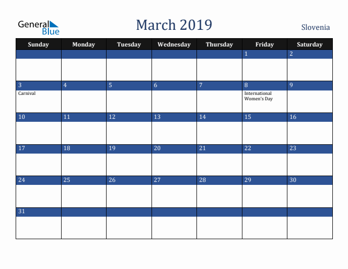 March 2019 Slovenia Calendar (Sunday Start)