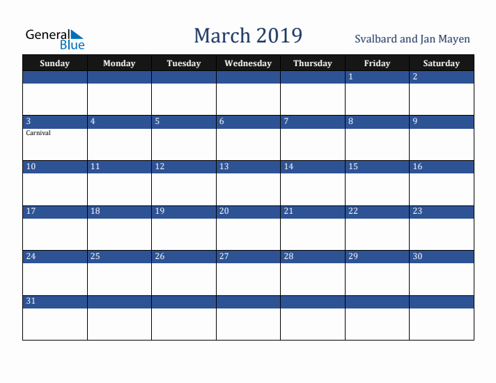 March 2019 Svalbard and Jan Mayen Calendar (Sunday Start)