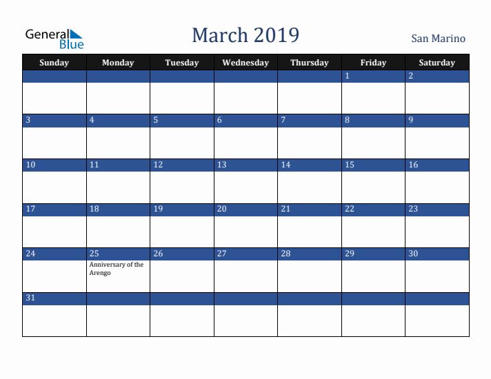 March 2019 San Marino Calendar (Sunday Start)