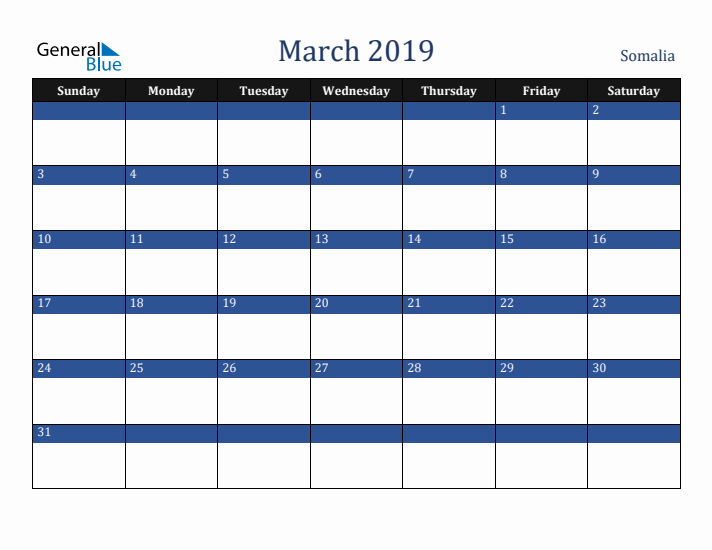 March 2019 Somalia Calendar (Sunday Start)