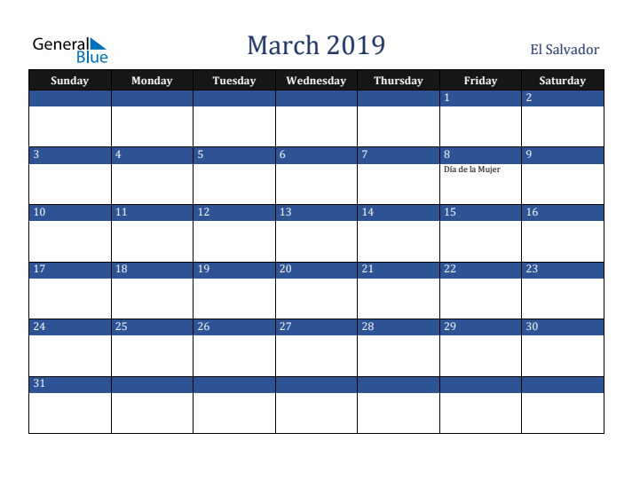 March 2019 El Salvador Calendar (Sunday Start)