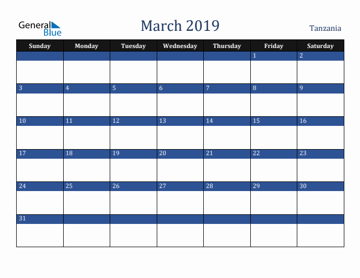 March 2019 Tanzania Calendar (Sunday Start)