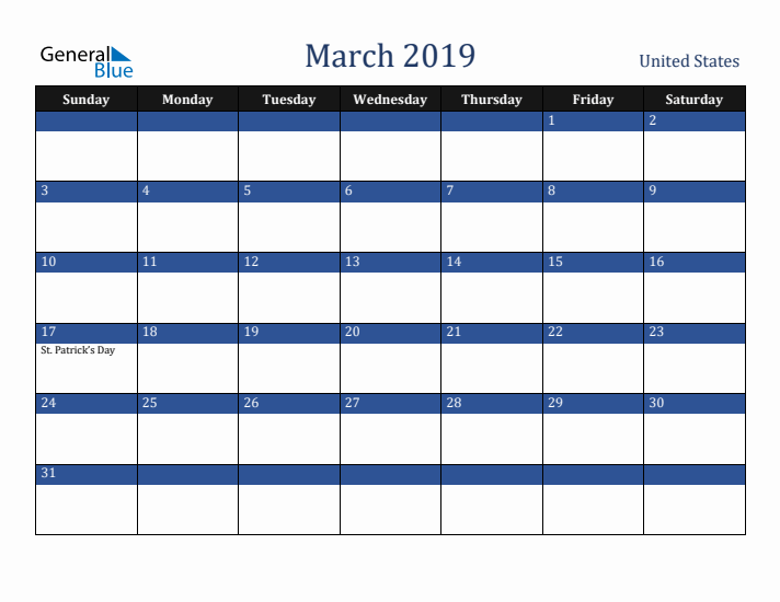 March 2019 United States Calendar (Sunday Start)